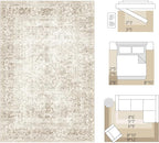 FMFUNCTEX 9x12 Washable Area Rug Beige Vintage Neutral Distressed Large Non Slip Carpet for Living Room Bedroom Soft Low Pile Indoor Mat Retro Floral Throw Rug for Dining Room Kitchen Office Nursery