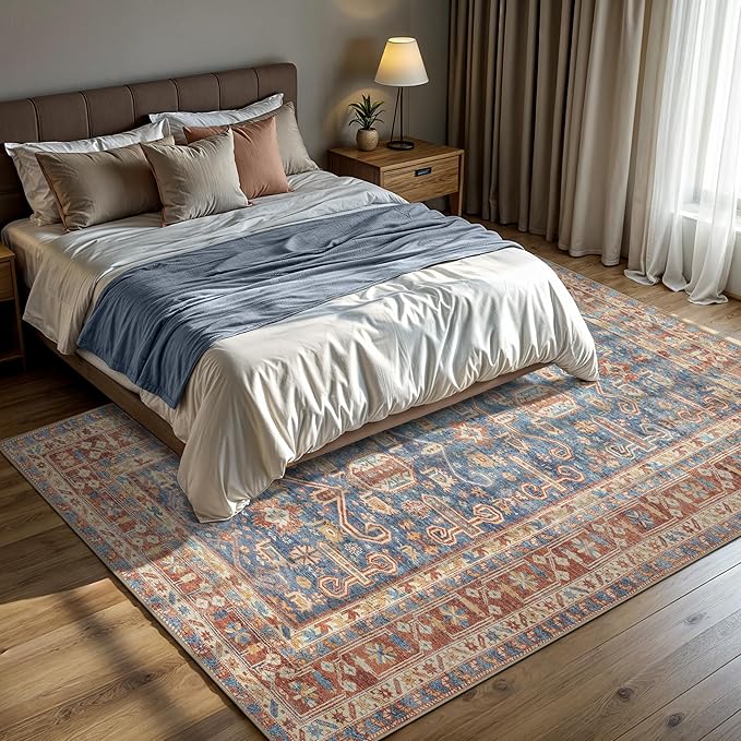 GLN Rugs Traditional Collection - Machine Washable Area Rug, Traditional Washable, Non Slip, Low Pile Chenille Rug, Living Room, Bedroom, Kitchen Rug (9' x 12' Terra/Slate Blue)