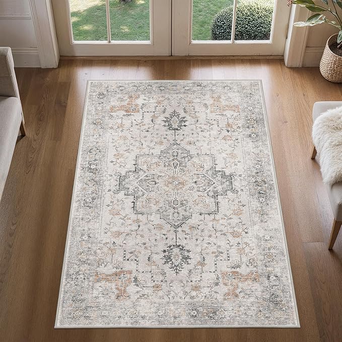 3x5 Area Rugs for Living Room, Machine Washable Non Slip Vintage Rugs, Low Pile Lightweight Print Rug for Bedroom, Dining Room, Home Office, Light Taupe Brown