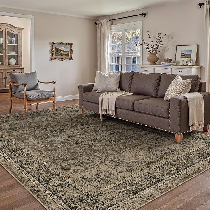 4x6 Washable Area Rug Brown Vintage Distressed Rug for Office Oriental Soft Thin Indoor Retro Carpet Non Slip Low Pile Floor Cover for Living Ding Room Bedroom Laundry