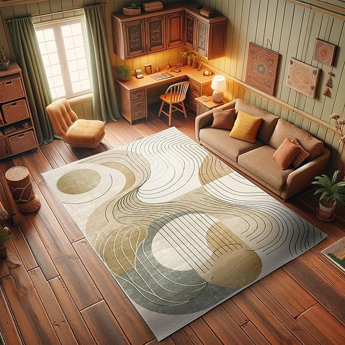 Ambesonne Modern Boho Decorative Rug, Abstract Geometry Earth Tones Swirls and Rounds Mid Century Details, Quality Carpet for Bedroom Dorm and Living Room, 2' x 5', Tan Beige Grey Teal