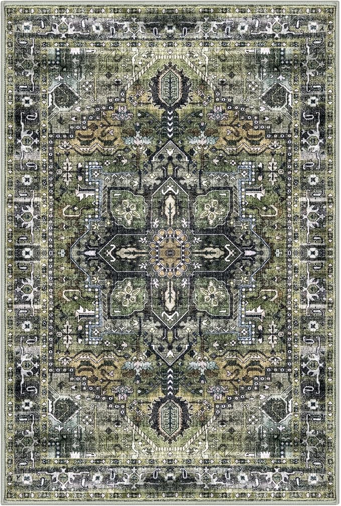 KOZYFLY Small Area Rug 2x3 Ft Rugs for Entryway Washable Boho Entry Rug Non Slip Door Mat Indoor Entrance Faux Wool Vintage Printed Kitchen Rug Throw Rugs for Entrance Kitchen, Charcoal/Green/Olive