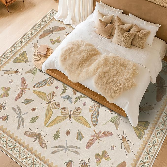 Large Western Rugs for Living Room - 10x14 Insect Area Rug for Dining Room Under Kitchen Table, Washable Low Pile Soft Boho Butterfly Decor