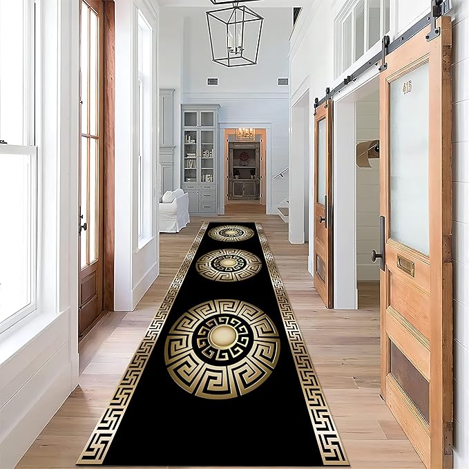 Black Gold Geometric Hallway Runner Rug, 3.3x10ft, Vintage Greek Key Entryway Carpet, Baroque Style Pattern Machine Washable Carpets, Durable Non-Shedding Non-Slip Rugs for Dorm Nursery