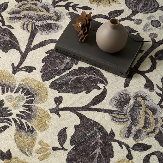 EVERGRACE Area Rugs for Living Room 4x6, Boho Floral Faux Wool Indoor Outdoor Rugs, Washable Rugs for Bedroom Entryway Dining Room Hallyway, Low Pile Floor Mat Carpet for Home Decor, Gray