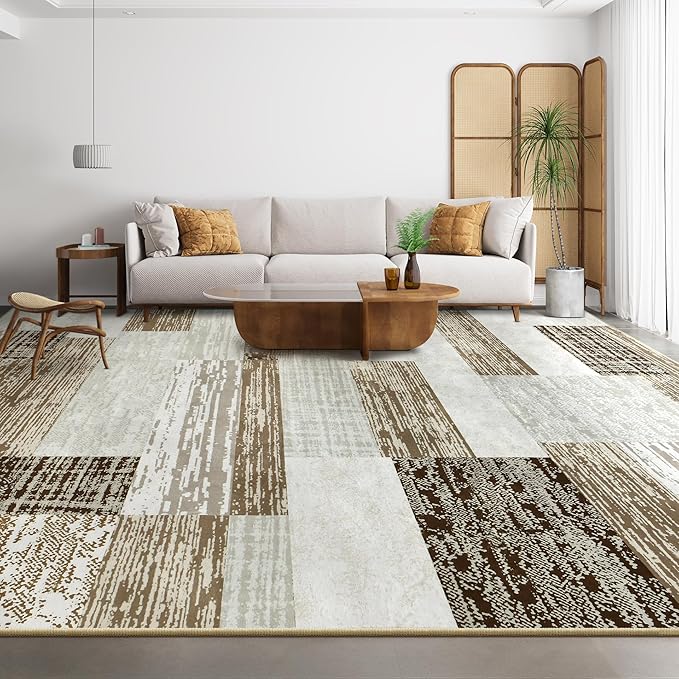 Large Area Rugs,Modern Geometric Patchwork Floor Decor for Bedroom Aesthetic Carpet, Rockwood Collection, Indoor Rugs for Living Room, Dining Room, Nursery, Office, Machine Washable Rug,9x12 Ft Beige