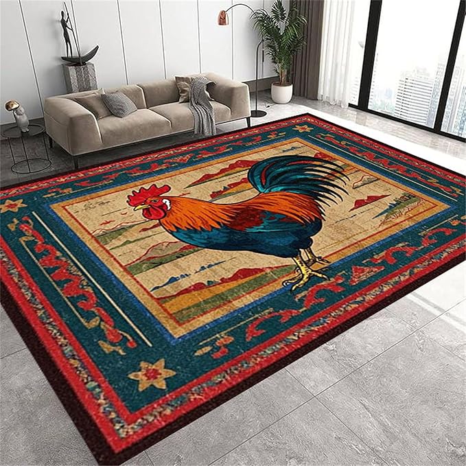 Vintage Rustic Rooster Area Rug ，3x5ft,Ethnic Design Colorful Mountains Geometric Pattern Print Rug，Low Pile Washable Rug Suitable for Farmhouse, Kitchen, Living Room, Bedroom Entryway