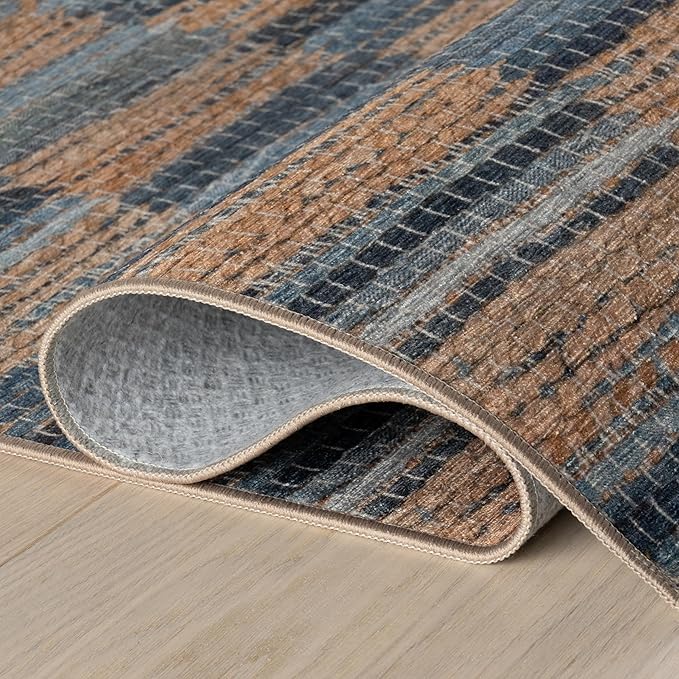 Dash & Albert Ravel Stripe Blue Machine Washable Rug, 3 X 5 Feet, Tan/Blue Stripe Pattern