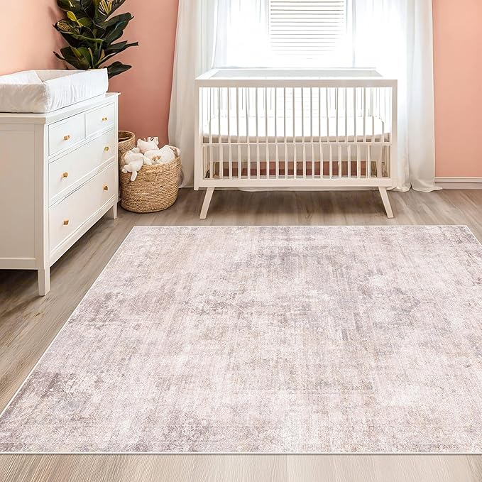 Washale Modern Bedroom 4x6 Area Rugs - Pink and Grey Rug for Living Room, Kitchen, Non Slip & Soft, Medallion Distressed Print Pattern