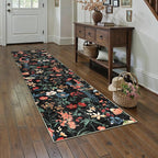 Floral Runner Rug 2x5 Washable Hallway Long Black Bedroom Carpet Non Slip Indoor Boho Kitchen Low Pile Accent Rug Lightweight Soft for Bathroom Dining Laundry Living Room