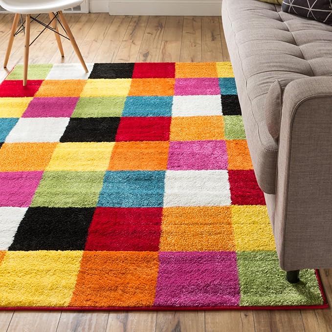 Well Woven Modern Rug Squares Multi Geometric 5' x 7' Area Rug Entryway Bright Kids Room Kitchn Bedroom Carpet Bathroom Soft Durable Area Rug