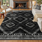 Area Rug 5x8 Rug Machine Washable Non-Slip Low Pile Print Pattern Western Rug for Living Room Bedroom Entryway Tribal Series-Black