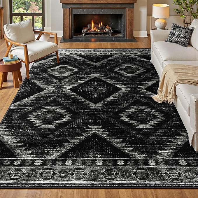 Area Rug 6x9 Rug Machine Washable Non-Slip Low Pile Print Pattern Western Rug for Living Room Bedroom Entryway Tribal Series -Black