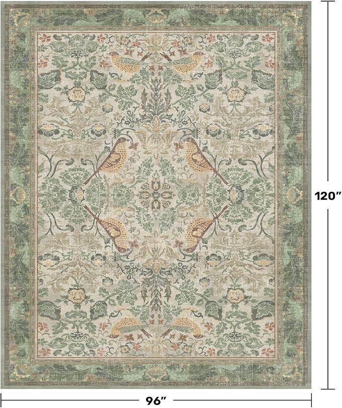 Washable Floral Bird Rugs for Living Room - Sage Green 8x10 Area Rugs for Bedroom Under Bed, Dining Room Kitchen Table Rug for Under Table, Nature Botanical Decor, Stain Resistant Non-Slip