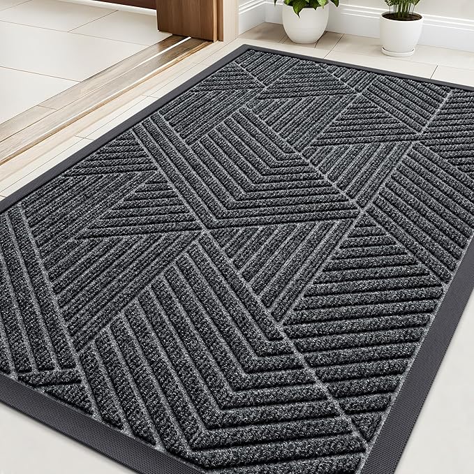 Kitinjoy Front Door Mat Outside Entrance, Sturdy Natural Dirt Trapper, Heavy Duty Rubber Doormat, Low Profile Non-Slip Backing, Easy Clean Floor Mat for Indoor Outdoor Entry, 29.5X17 Inch, Grey