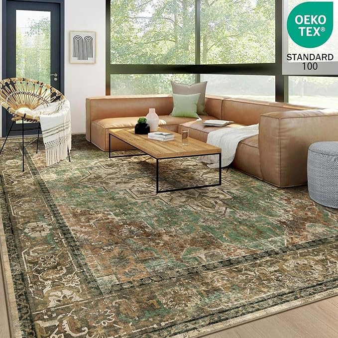 8x10 Machine Washable Area Rug for Living Room, Brown Green Boho Vintage Floral Rug Large Non-Slip Low Pile Soft Faux Wool Carpet, Kids and Pets Friendly for Bedroom Dining Room Farmhouse Decor Rug