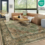 8x10 Machine Washable Area Rug for Living Room, Brown Green Boho Vintage Floral Rug Large Non-Slip Low Pile Soft Faux Wool Carpet, Kids and Pets Friendly for Bedroom Dining Room Farmhouse Decor Rug