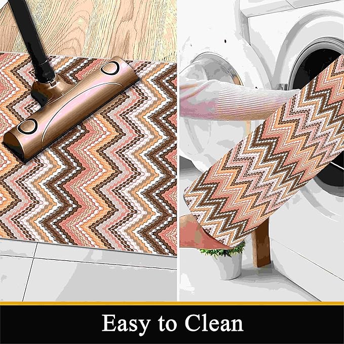 Brown Pink White Wave Runner Rug, 2x7ft Soft Tone Hallway Decor Carpet - Modern Home Corridor & Foyer Long Rug Non-Slip Mat, Washable Flannel Material, Bedroom Stylish Accent Rugs