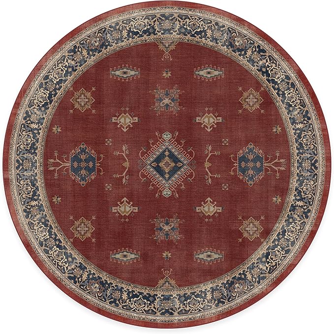RUGGABLE Washable Vintage Area Rug – Verena Amber Red 8 ft Round, Stain-Resistant, Non-Slip – Large Machine Washable Rugs for Living Room, Bedroom, Hallway, Entryway & Office–with Standard Pad