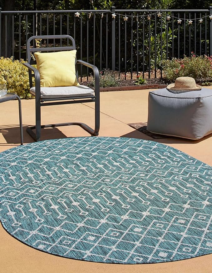 Unique Loom Outdoor Trellis Collection Area Rug - Tribal Trellis (7' 10" x 10' Oval, Teal/ Ivory)