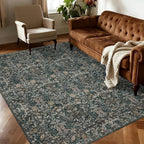 Washable Living Room Rug: 5x7 Boho Floral Soft Area Rug for Bedroom Decor - Vintage Low Pile Thin Carpet for Dining Room Non-Slip - Farmhouse Stain Resistant Rugs - Dark Green