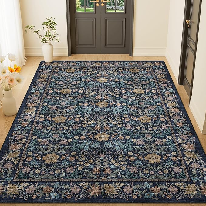 DUKINO 4x6 Rugs for Living Room, Lightweight Non Slip Washable Rug with Low Pile Design, Vintage Floral Non-Shedding Soft Carpet for Living Room, Bedroom, Farmhouse, Office, Bathroom, Dark Blue