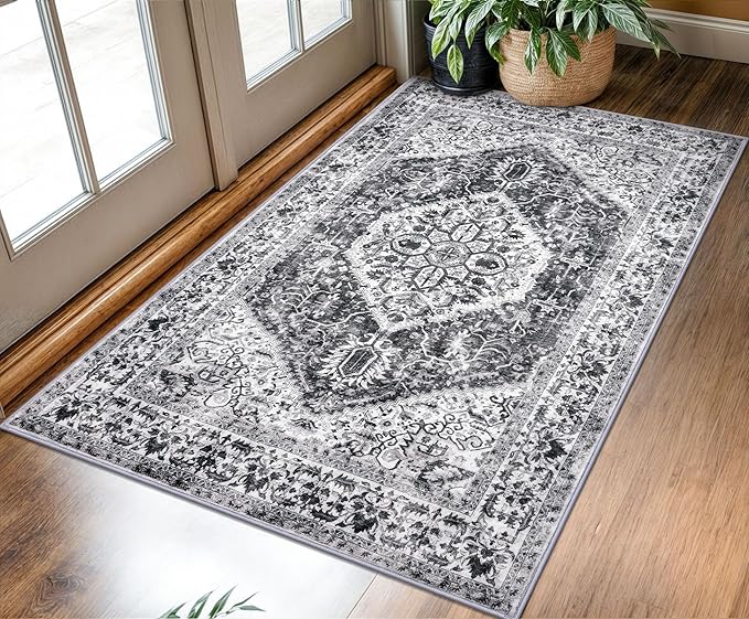 KOZYFLY Boho Area Rug 3x5 Ft Rugs for Entryway Washable Entry Rug Non Slip Door Mat Indoor Entrance Printed Faux Wool Vintage Kitchen Rug Throw Rugs for Kitchen Living Room, Grey