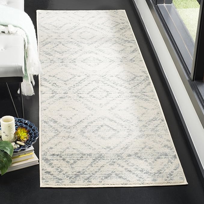 SAFAVIEH Adirondack Collection Runner Rug - 2'6" x 14', Ivory & Light Blue, Modern Diamond Distressed Design, Non-Shedding & Easy Care, Ideal for High Traffic Areas in Living Room, Bedroom (ADR131T)