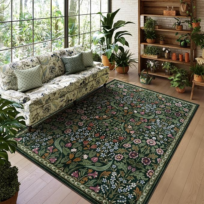 Lahome Floral 5x7 Washable Living Room Rugs, Green Area Rugs for Bedroom Rubber Backed, Botanical Thin Stain-Resistant Carpet for Dining Room, Guestroom, Kids Room, Living Room Decor