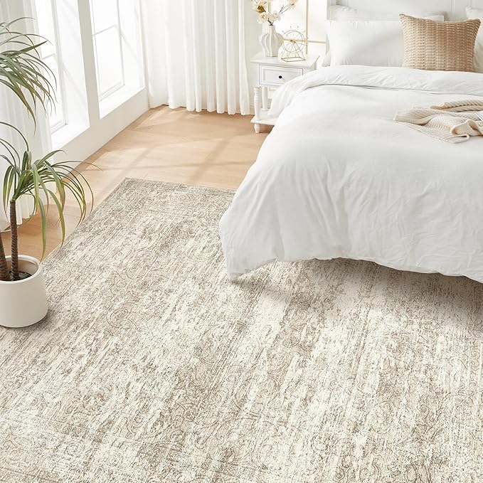Area Rug Living Room Rugs - 8x10 Abstract Large Soft Indoor Washable Rug Neutral Modern Low Pile Carpet for Bedroom Dining Room Farmhouse Home Office - Vintage Beige