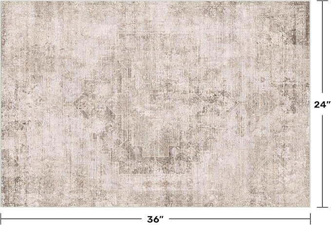 Beige Brown 2x3 Washable Rug for Entryway Indoor, Kitchen Floor Waterproof, Bathroom, Powder Room, Non Slip Low Pile Stain & Fade Resistant Small Throw Rug, Modern Abstract Decor