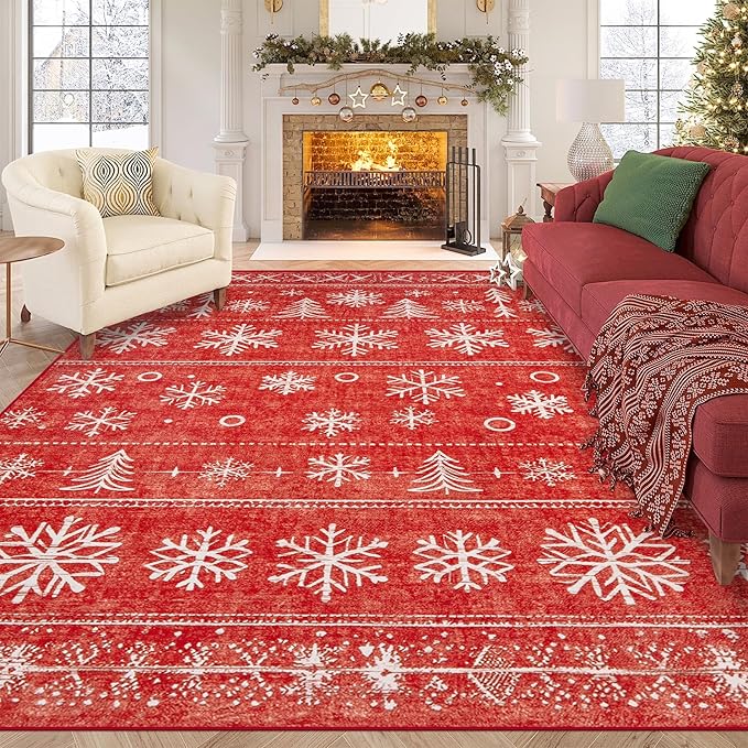 Christmas Area Rug 8x10 Living Room Rugs, Machine Washable Boho Christmas Tree Snowflake Rug Non-Slip Soft Low Pile Holiday Indoor Rugs for Bedroom Kitchen Dining Room Office(Xmas Red, 8'x10')