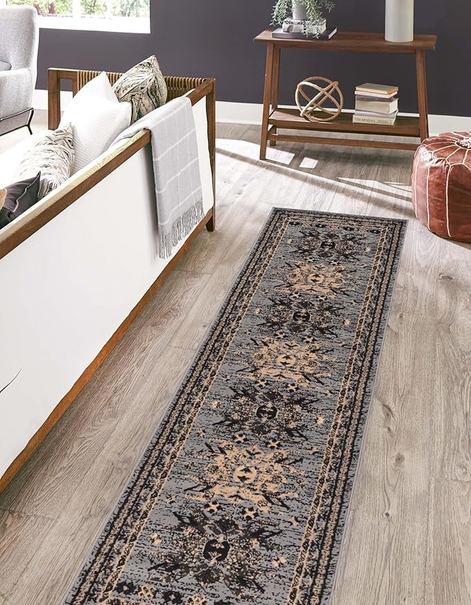 Unique Loom Taftan Collection Border Geometric Tribal Inspired Design Area Rug (2' 11 x 16' 5 Runner, Gray/ Black)