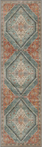 Bavni Runner Rug 2x10 Kitchen Rugs for Hallways Entryway, Washable Vintage Print Carpet, Ultra-Thin Chenille Low Pile Lightweight Rug with Non Slip Backing, Light Red/Blue