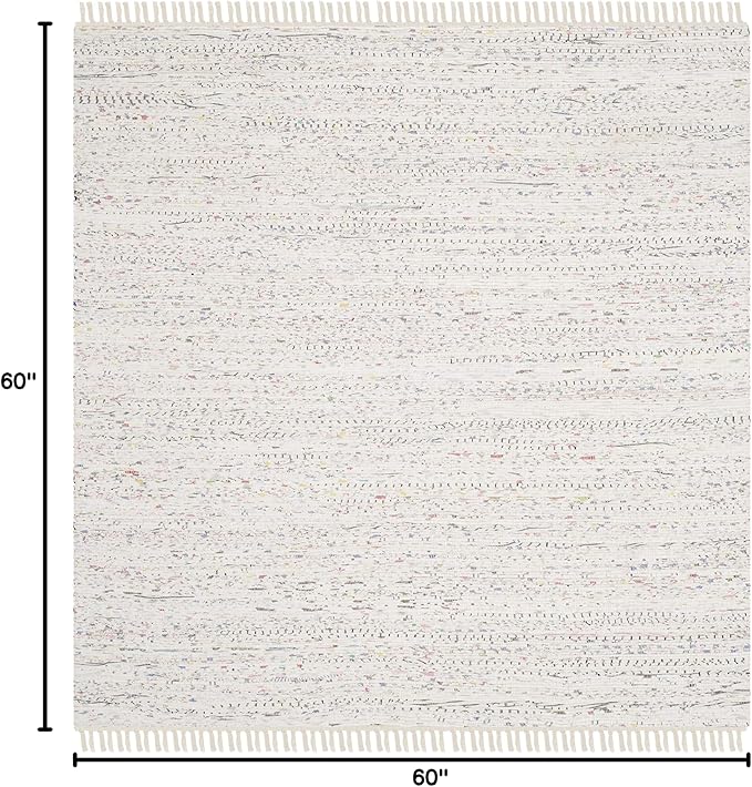 SAFAVIEH Rag Rug Collection Area Rug - 5' Square, Ivory & Multi, Handmade Boho Stripe Cotton, Ideal for High Traffic Areas in Living Room, Bedroom (RAR121G)