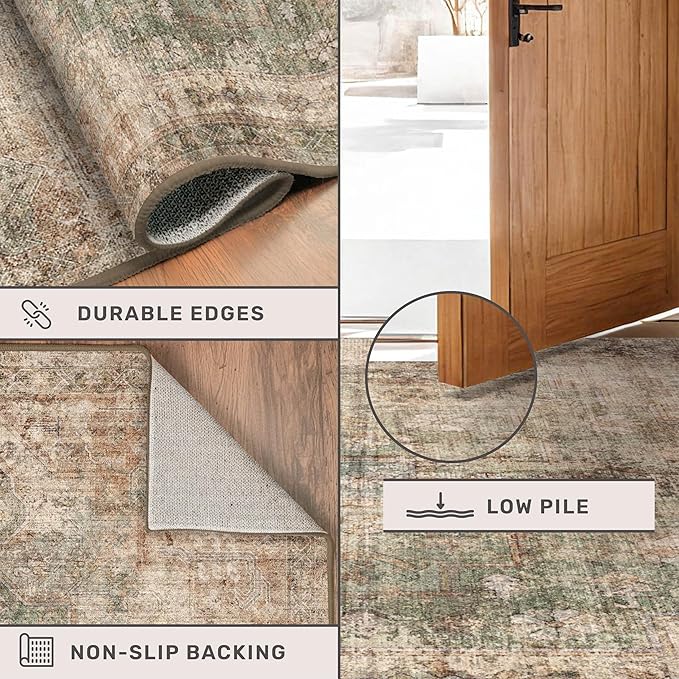 Green Brown 2x3 Washable Small Throw Rug for Entryway, Kitchen, Bathroom, Non Slip with Rubber Backing, Low Pile & Soft Stain Resistant Carpet, Farmhouse Medallion Abstract Indoor Décor
