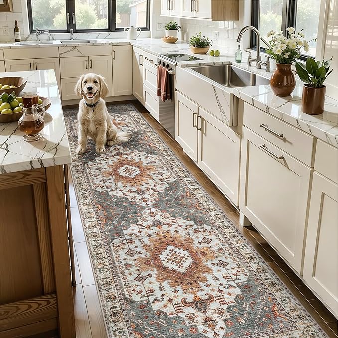 Tangsoo 3x10 Runner Rug for Hallway Long Washable Hallway Runner Rugs, Non Slip Vintage Soft Low Pile Rug Runner, Indoor Oriental Carpet Runners for Living Room Kitchen Bedroom Entryway Turmeric
