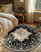 Area Rugs 5ft Washable Non-Slip, Floral Vintage Distress Print Pattern Medallion Carpet for Living Room Bedroom Dining Room, Black Brown Neutral Dark Tan