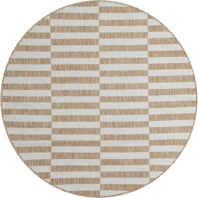 Unique Loom Outdoor Striped Collection Area Rug - Striped (5' 3" Round Taupe/Ivory)