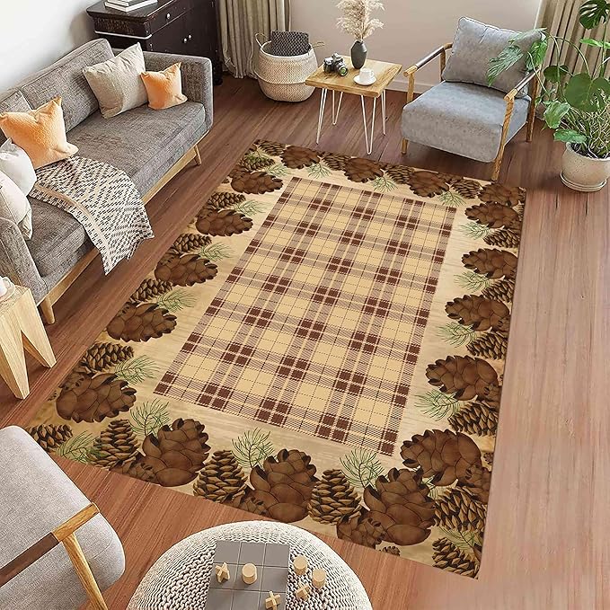 Cabin Pine Cones Area Rug 3x4ft for Living Room, Brown Buffalo Plaid Indoor Anti-Slip Large Area Rug Rustic Style Rugs for Bedroom, Lodge Living Rugs With Pine Cones, Throw Area Rug for Farmhouse