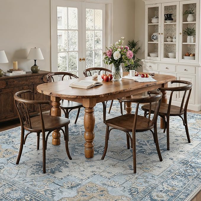 10x14 Area Rugs for Living Room, Machine Washable Rug, Non Slip Vintage Rugs, Low Pile Lightweight Print Rug for Bedroom, Dining Room, Home Office, Blue