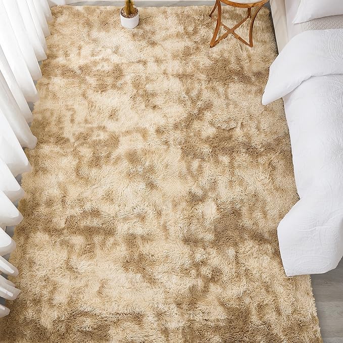 Andency 6x9 Area Rugs, Large Shag Fluffy Soft Shaggy Rugs for Living Room Bedroom, Non-Slip Tie-Dyed Khaki Thick Plush Carpet for Kids Girls and Boys, Dorm Nursery Home Decor Aesthetic