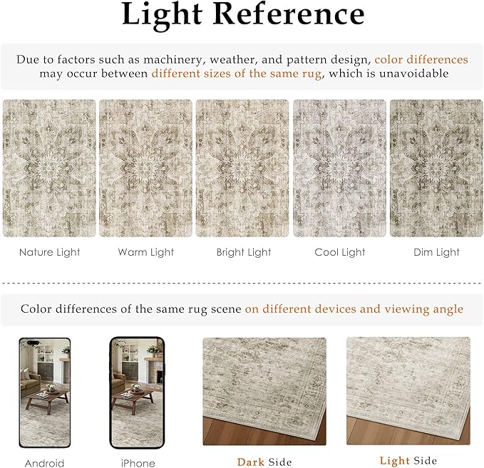 HUGEAR Washable 8x10 Area Rugs Retro Beige Living Room Bedroom Rug Vintage Distressed Non Slip Stain Resistant Low Pile Neutral Throw Carpet for Home Decor