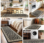 XWZO Washable Hallway Runner Rug 2x8ft — Non-Slip Low Pile Area Rug with Rubber Backing, Spill Resistant Soft Flower Floor Carpet Runner for Kitchen Entryway Doorway Bedroom Corridor, Black