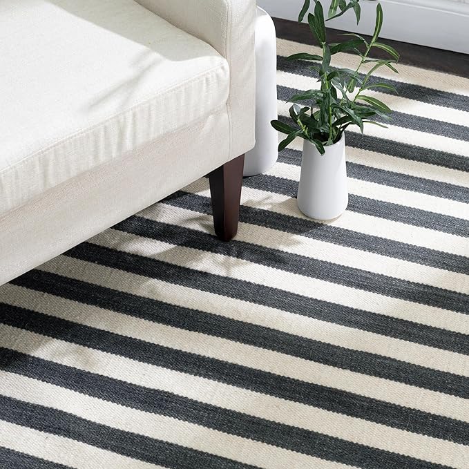 Home Conservatory Ladder Stripe Black/Ivory Handwoven Wool 5 X 8 Feet, Black/Ivory Stripe Pattern
