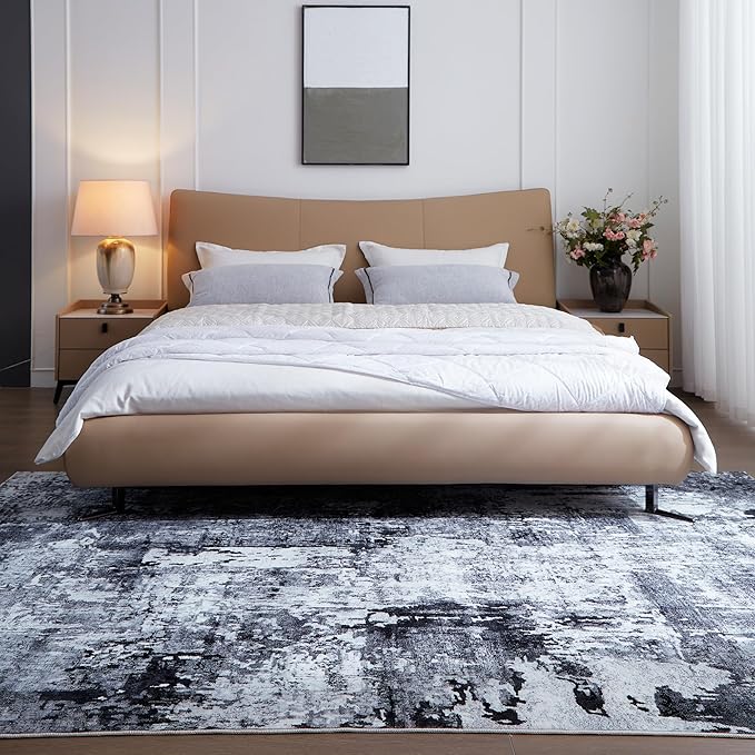 Rugcomf Area Rug 5x7 Washable Rug Boho Soft Abstract Pattern Non-Slip Faux Wool Vintage for Living Room, Bedroom, Farmhouse, Dining Room, Kids Playroom, Grey and Black