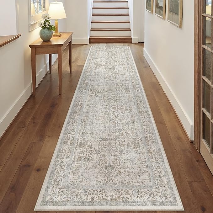 Taupe Runner Rug 2x10 Hallway Machine Washable Kitchen Vintage Distressed Non Slip Long Carpet Indoor Retro Floral Bedroom Accent Throw Rug for Bathroom Office Laundry Dining Living Room