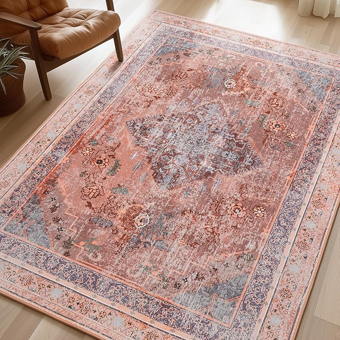 Phantoscope Washable Area Rug 5'x7' Non-Slip, Vintage Neutral Fall Rugs for Living Room, Bedroom, Dining Room, Distressed Boho Medallion Pattern, Low-Pile Foldable Floor Carpet, Rust Orange