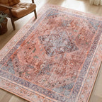Phantoscope Washable Area Rug 5'x7' Non-Slip, Vintage Neutral Fall Rugs for Living Room, Bedroom, Dining Room, Distressed Boho Medallion Pattern, Low-Pile Foldable Floor Carpet, Rust Orange