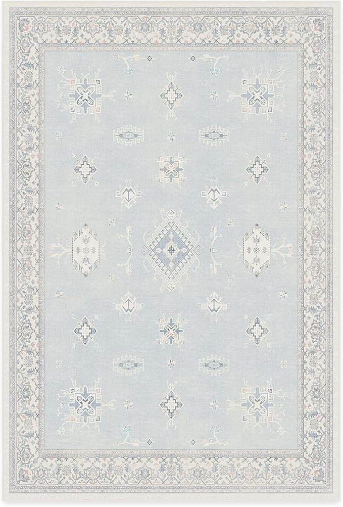 RUGGABLE Washable Vintage Area Rug – Verena Soft Blue 6x9, Stain-Resistant, Non-Slip – Medium Machine Washable Rugs for Living Room, Bedroom, Hallway, Entryway & Office–with Standard Pad